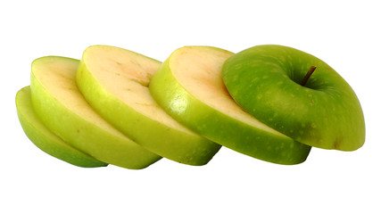 slide green apple to step slice white isolate background