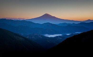 Fototapeta na wymiar Beautiful sunrise time of Mountain Fuji in autumn season seen from Mountain Takayama , Shizuoka prefecture