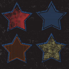 Grunge colored stars set on black background, vector illustration