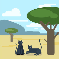 Wild cats. Two Panthers settled down a tree. Vector illustration