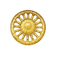 Thammachak wheel was symbol of Buddhism gold color isolate on white background. This has clipping path.