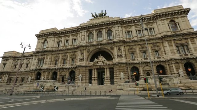Justice palace of Supreme Court of Cassation, Corte Suprema di Casazione. Is highest court of appeal of Italy in Rome. Between Umberto I bridge and Cavour Square on Tevere river. Known as Palazzaccio.