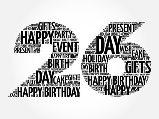 Happy 26th birthday word cloud collage concept