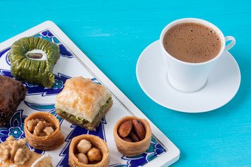 Assorted baklava and Turkish coffee