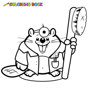 Cartoon beaver dentist holding a toothbrush. Vector black and white coloring page. 