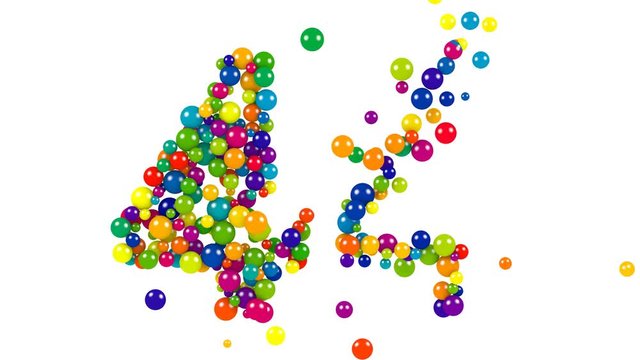 Number 44 over white background in red, purple, blue, yellow, green and orange balls over white background