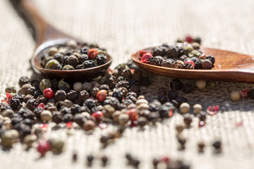 Different types of pepper on wooden spoon