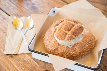clam chowder in sour bread bowl