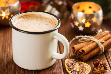 Enamel cup of hot cocoa with mini marshmallows