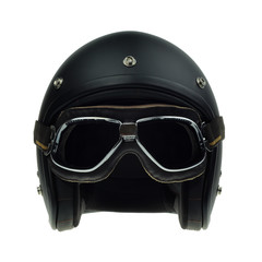 Black motorbike classic helmet and goggles