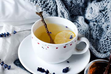 Warm knitted sweater,cup of hot tea