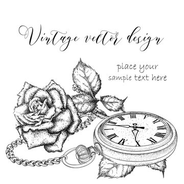 Hand drawi vintage postcard. A pocket watch on a chain and flowers. Vector illustration