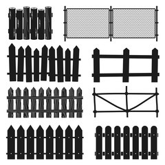 Rural wooden fences, pickets vector silhouettes
