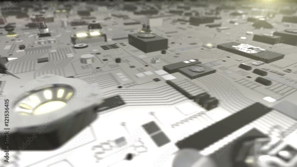Poster seamless looping 3d animation of a white futuristic circuit board rotating