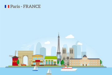 Obraz premium Paris skyline in flat style. Colrfus illustration on sky blue background. Vector icon