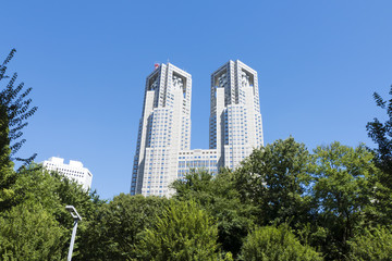 森に囲まれた新宿中央公園と東京都庁　快晴　青空　緑　