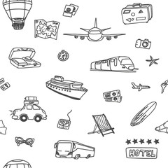 Doodle seamless pattern with different travel and vacation objects: bus, car, plane, ship, train, bag.