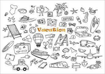 Hand-drawn doodles of the different vacation objects. Summer line art collection.