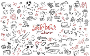 Hand drawn collection of the summer doodles. Line art set of the different objects.