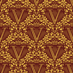 Damask seamless pattern repeating background. Golden maroon floral ornament with V letter and crown in baroque style. Antique golden repeatable wallpaper.