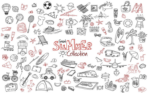 Hand drawn collection of the summer doodles. Line art set of the different objects.