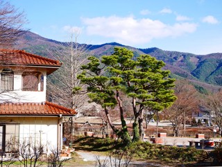 Obraz premium Japanese winter landscape with a house, tree and hills. Lake Kawaguchi. Yamanashi Prefecture. Fuji Five Lakes. Japan. 