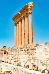 Six columns of Baalbek in Beqaa Valley, Lebanon. It is located about 85 km northeast of Beirut and about 75 km north of Damascus. It has led to its designation as a UNESCO World Heritage Site in 1984.