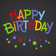 Lettering happy birthday on black background with colorful stars. Illustration vector