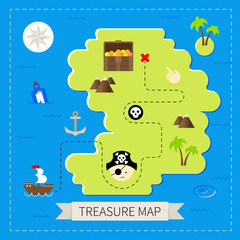 Pirate treasure island vector map. Vector illustration in flat style