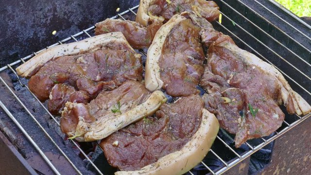 Close up of Raw Pork Meat Steak on Barbecue Grill