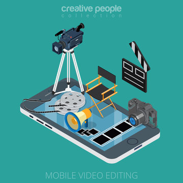 Flat Isometric Video Motion Media Editing Icons Vector 3d