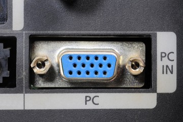 Close-up view on a digital video recorder on the part connectors. Video audio input.  Selective focus.