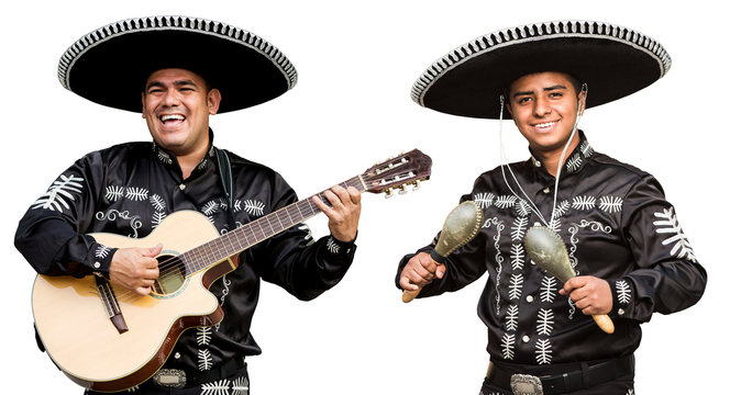 Mexican, Latin American, Spanish. Musicians on the streets. White, Isolated.