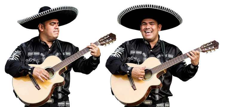 Mexican, Latin American, Spanish. Musicians on the streets. White, Isolated.