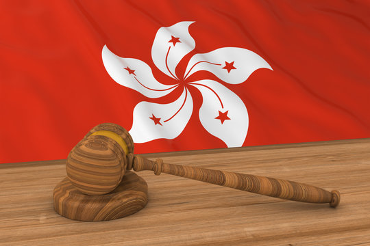 Hong Kongese Law Concept - Flag Of Hong Kong Behind Judge's Gavel 3D Illustration