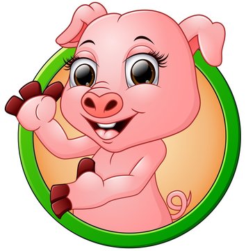 Happy smiling little baby cartoon pig in round frame