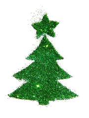 Abstract Christmas tree with the star of green glitter, festive design element, icon