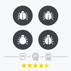 Bugs signs. Virus software error icons.