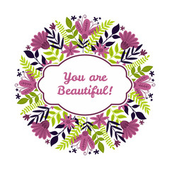 Circular floral bouquet. The composition of flowers and plants. Vector doodles.