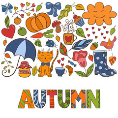 Autumn lettering illustration card, cure childish design: leaves doodles, animal and vegetables.