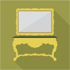 Digital vector green vintage table and mirror isolated, flat style