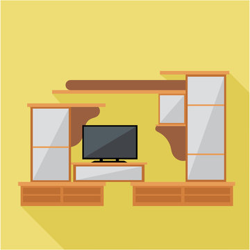 Digital vector brown cabinet furniture and tv set over yellow background isolated, flat style