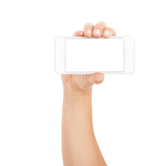 Female hand showing smartphone of white screen, front view, isolated.