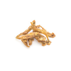 Closeup fried little fish isolated on white background