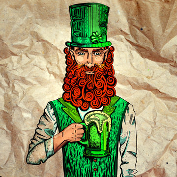 Irish leprechaun with mug of beer on paper