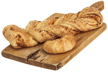 Sesame Croissant Puff Pastry On Old Cutting Board Isolated On White Background