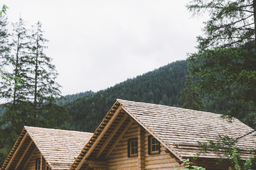 Fototapeta na wymiar Wood houses in nature with mountains