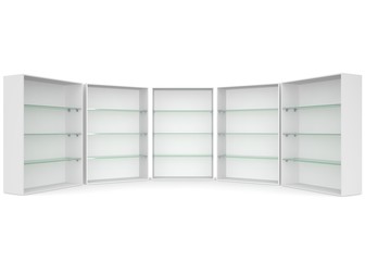 Empty showcase with glass shelves on white isolated background