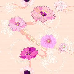 Seamless pattern with flowering branch. Pink peonies. Vector.