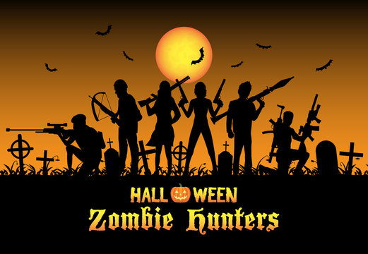 halloween zombie hunters team at graveyard